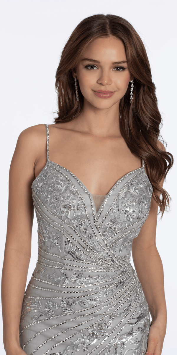 Mesh Metallic Embroidered Sweetheart Column Dress - Camille La Vie