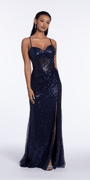 Double X Back Sequin Mesh Corset Column Dress with Sweep Train - Camille La Vie