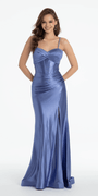 Foil Satin Twist Bodice Corset Column Dress with Side Slit - Camille La Vie