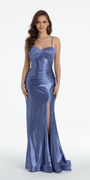 Foil Satin Twist Bodice Corset Column Dress with Side Slit - Camille La Vie