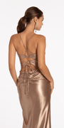 Foil Satin Twist Bodice Corset Column Dress with Side Slit - Camille La Vie