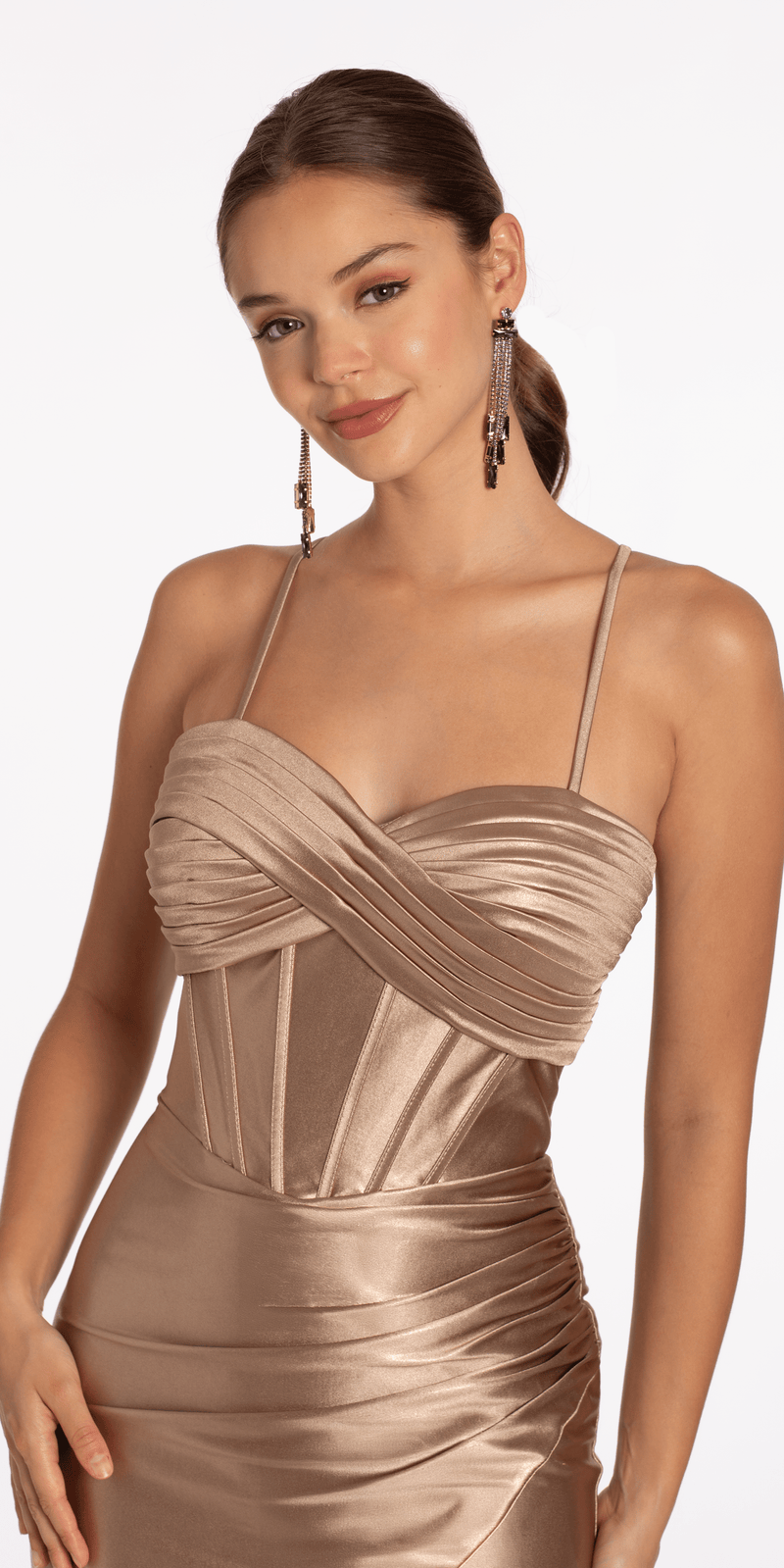 Foil Satin Twist Bodice Corset Column Dress with Side Slit - Camille La Vie