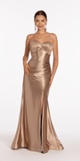 Foil Satin Twist Bodice Corset Column Dress with Side Slit - Camille La Vie
