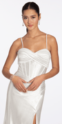 Foil Satin Twist Bodice Corset Column Dress with Side Slit - Camille La Vie