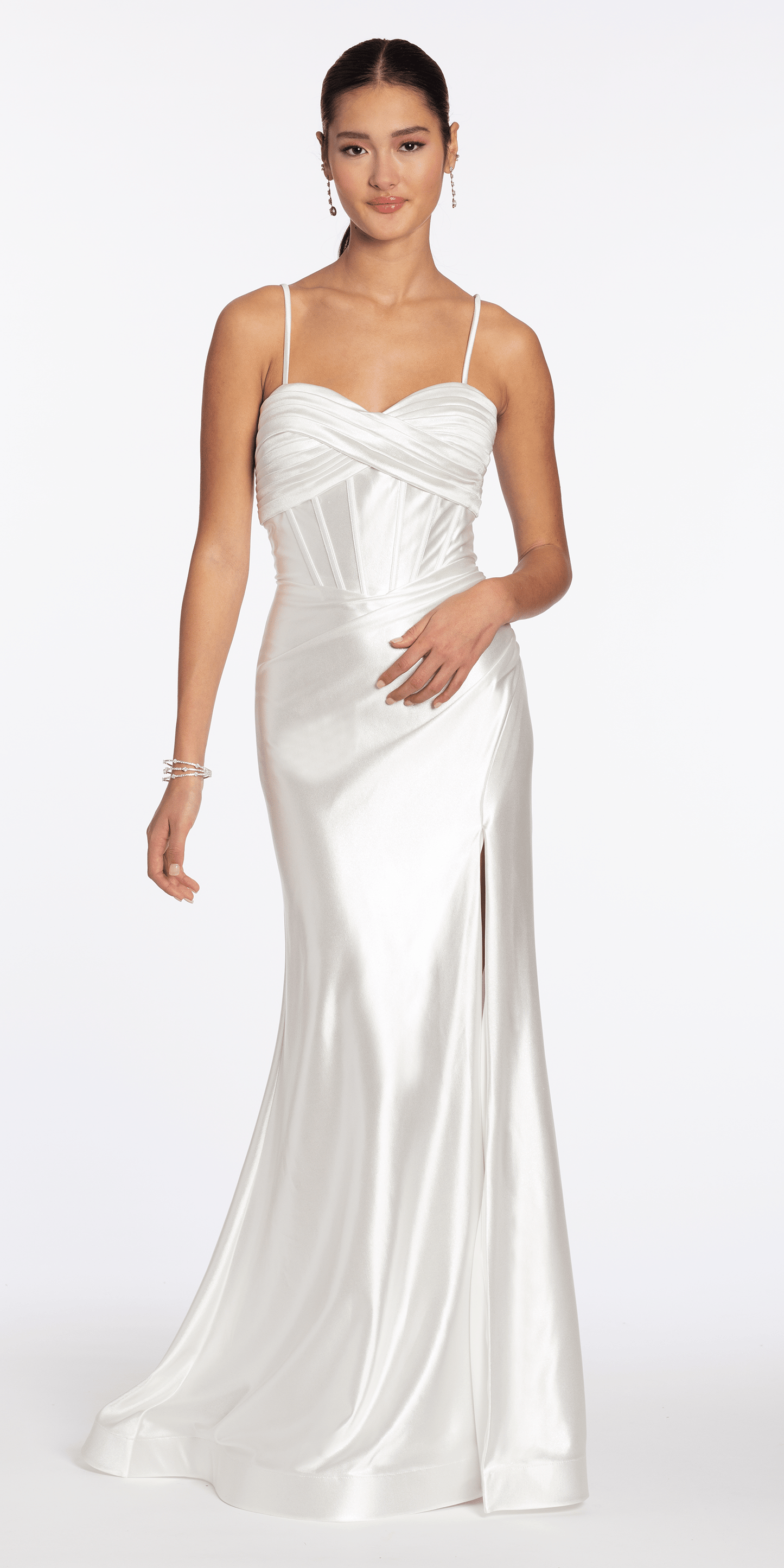 Foil Satin Twist Bodice Corset Column Dress with Side Slit - Camille La Vie