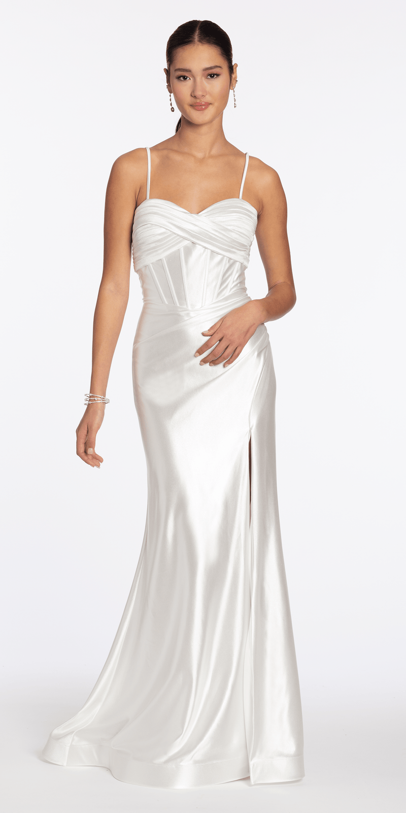 Foil Satin Twist Bodice Corset Column Dress with Side Slit - Camille La Vie