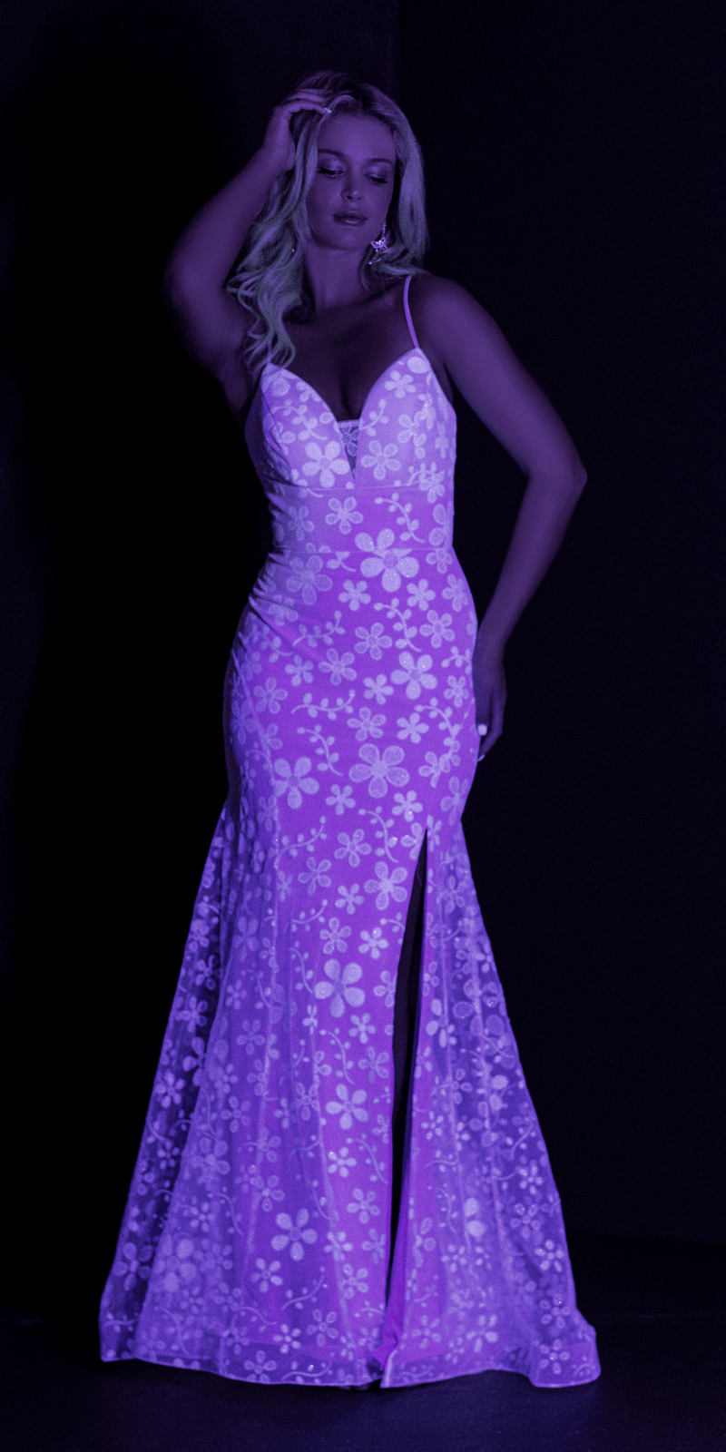 Glow in the Dark Plunging Mesh Glitter Daisy Trumpet Dress - Camille La Vie