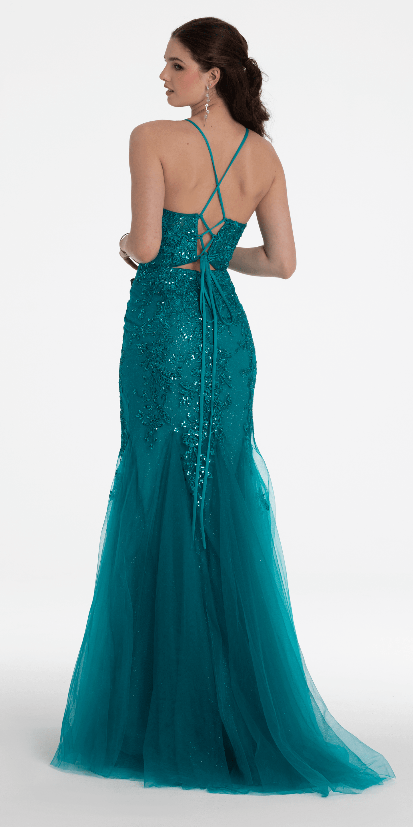 Strappy Lace Up Back Keyhole Embroidered Mermaid Dress - Camille La Vie