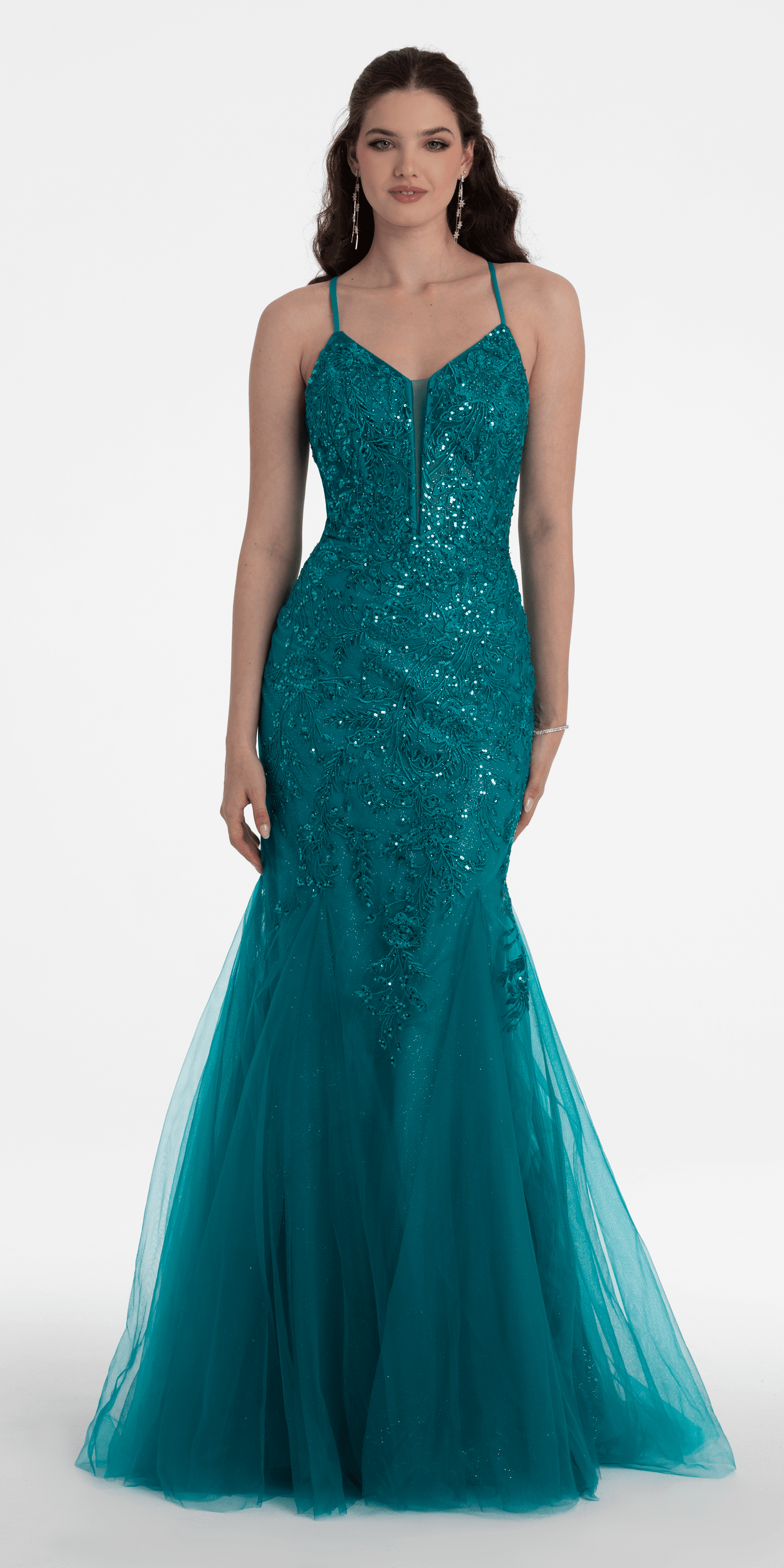 Strappy Lace Up Back Keyhole Embroidered Mermaid Dress - Camille La Vie