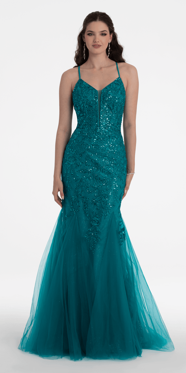 Strappy Lace Up Back Keyhole Embroidered Mermaid Dress - Camille La Vie
