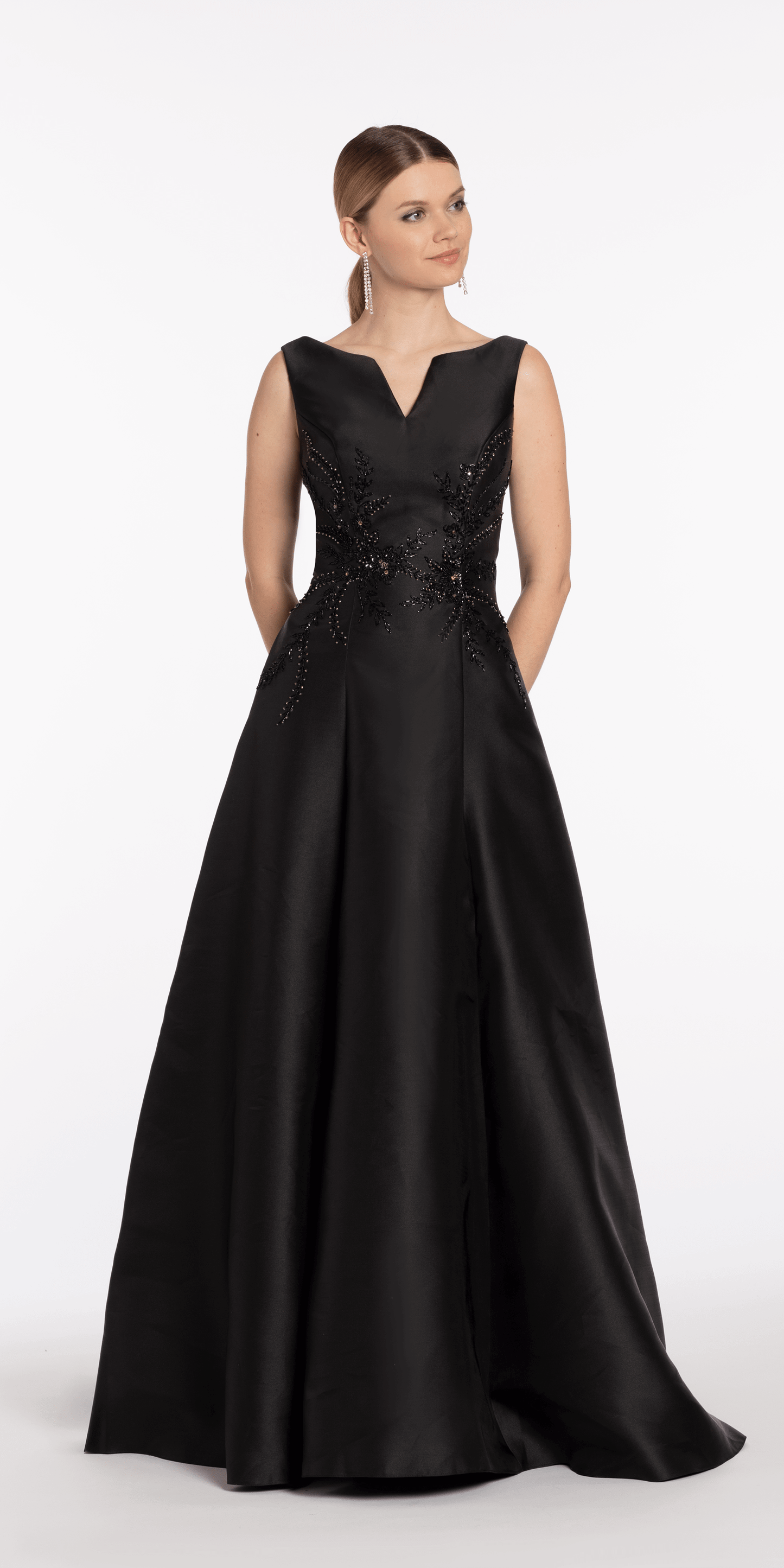 Mikado Embellished Bateau Neck A Line Dress with Pockets - Camille La Vie