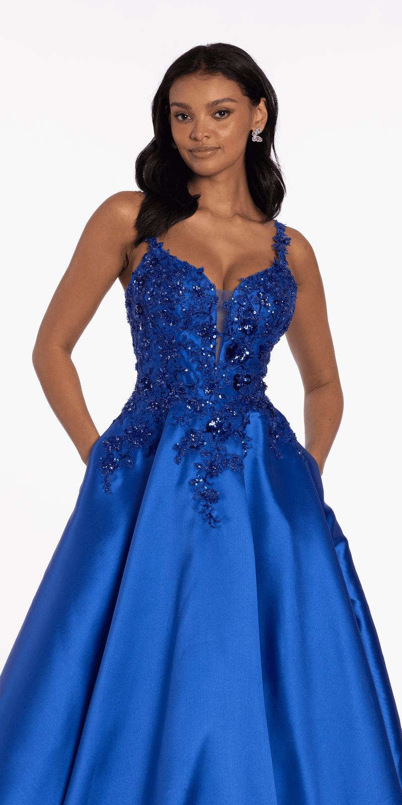 Sweetheart Floral Applique Mikado Ballgown with Pockets - Camille La Vie