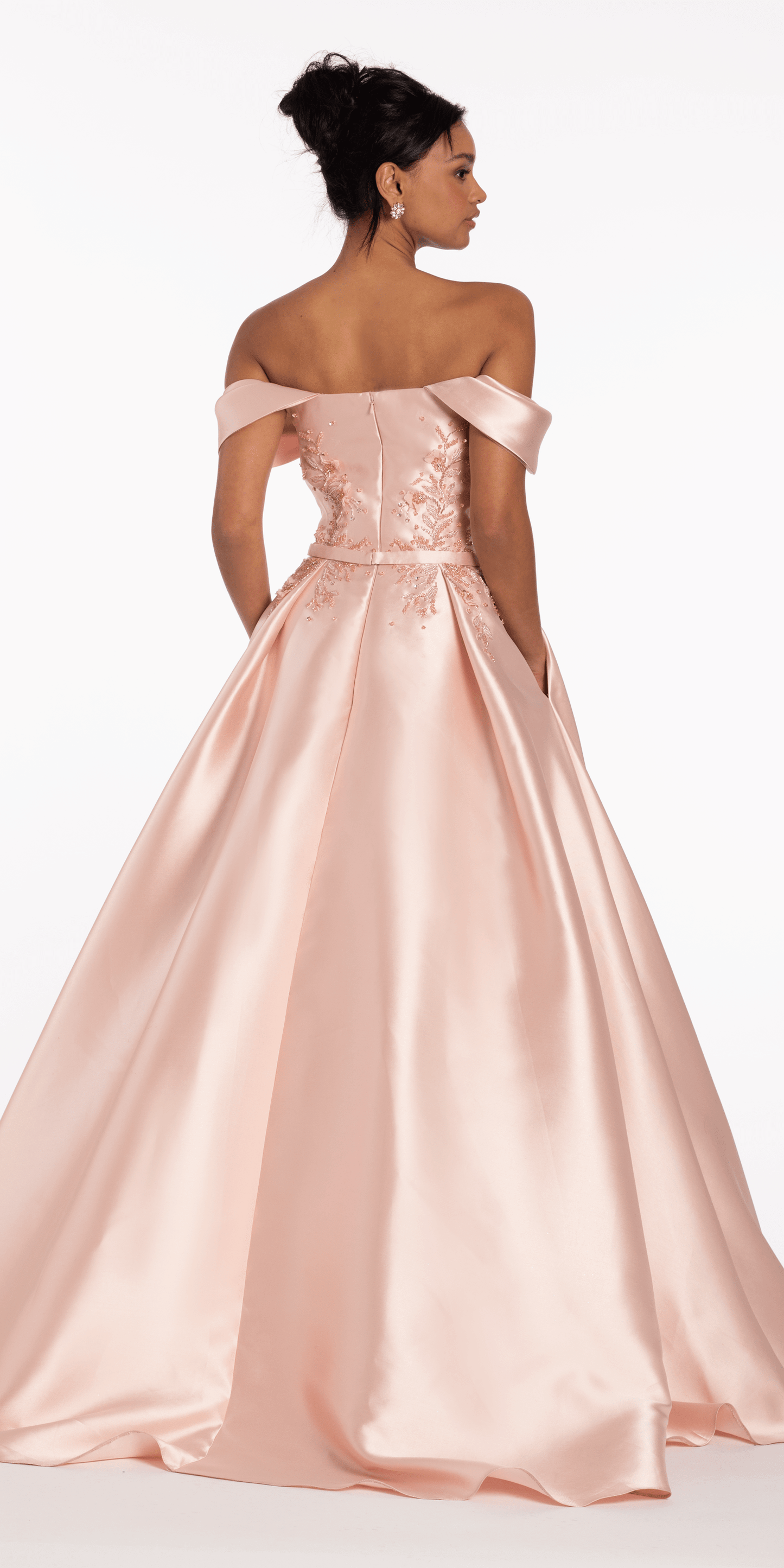 Beaded Mikado Off the Shoulder Ballgown with Pockets and Princess Pleats - Camille La Vie
