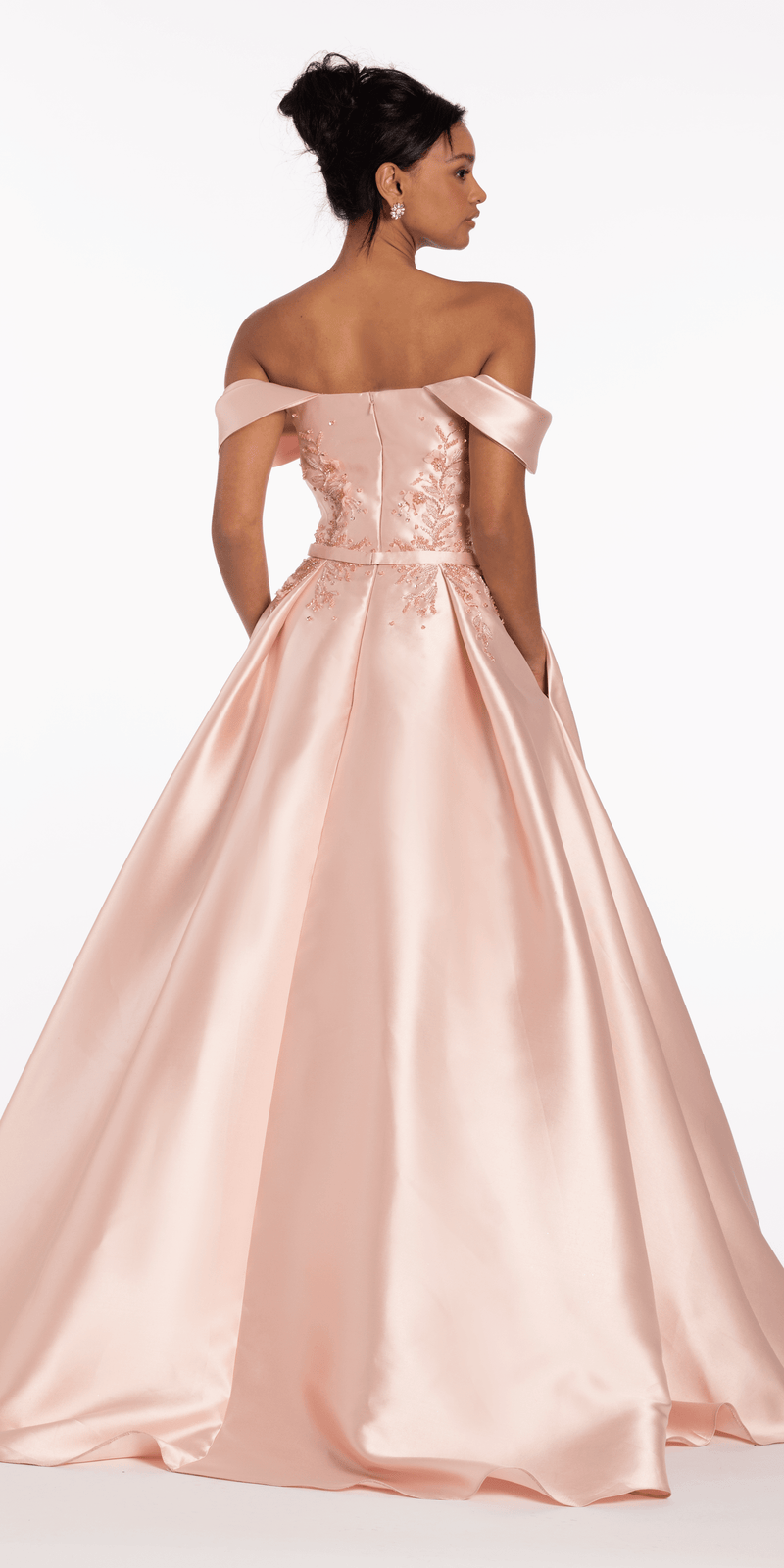 Beaded Mikado Off the Shoulder Ballgown with Pockets and Princess Pleats - Camille La Vie
