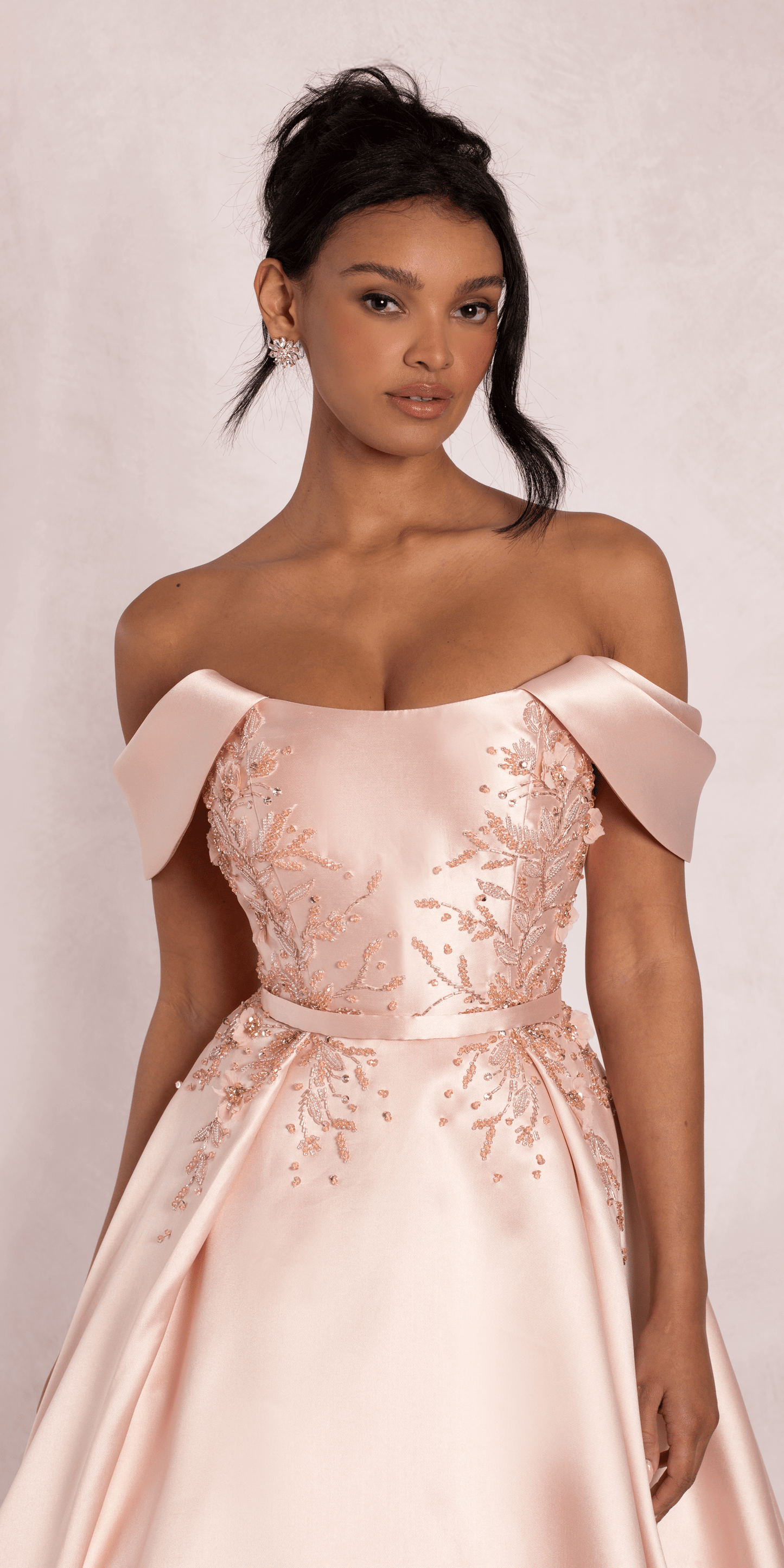 Beaded Mikado Off the Shoulder Ballgown with Pockets and Princess Pleats - Camille La Vie