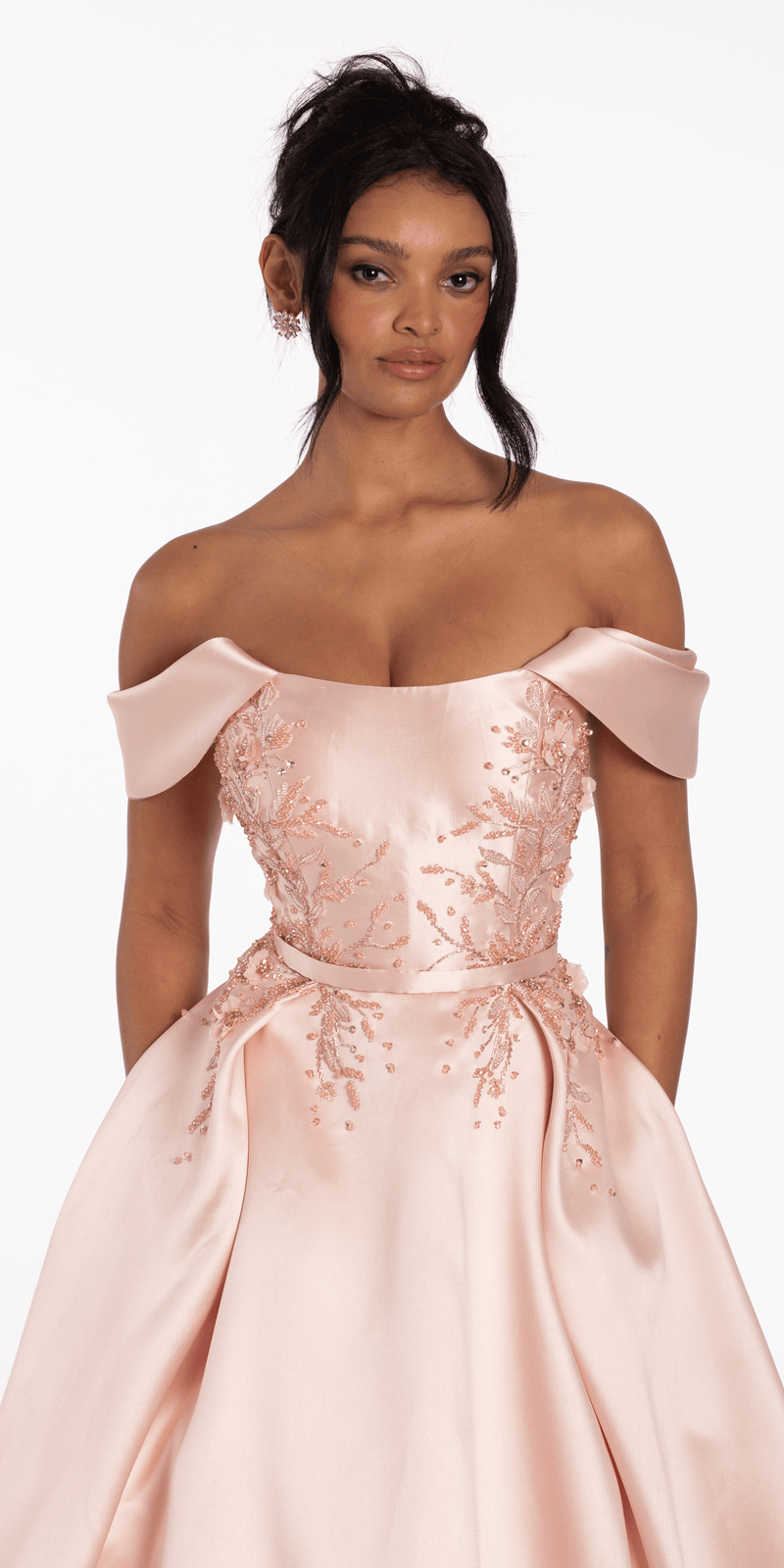 Beaded Mikado Off the Shoulder Ballgown with Pockets and Princess Pleats - Camille La Vie