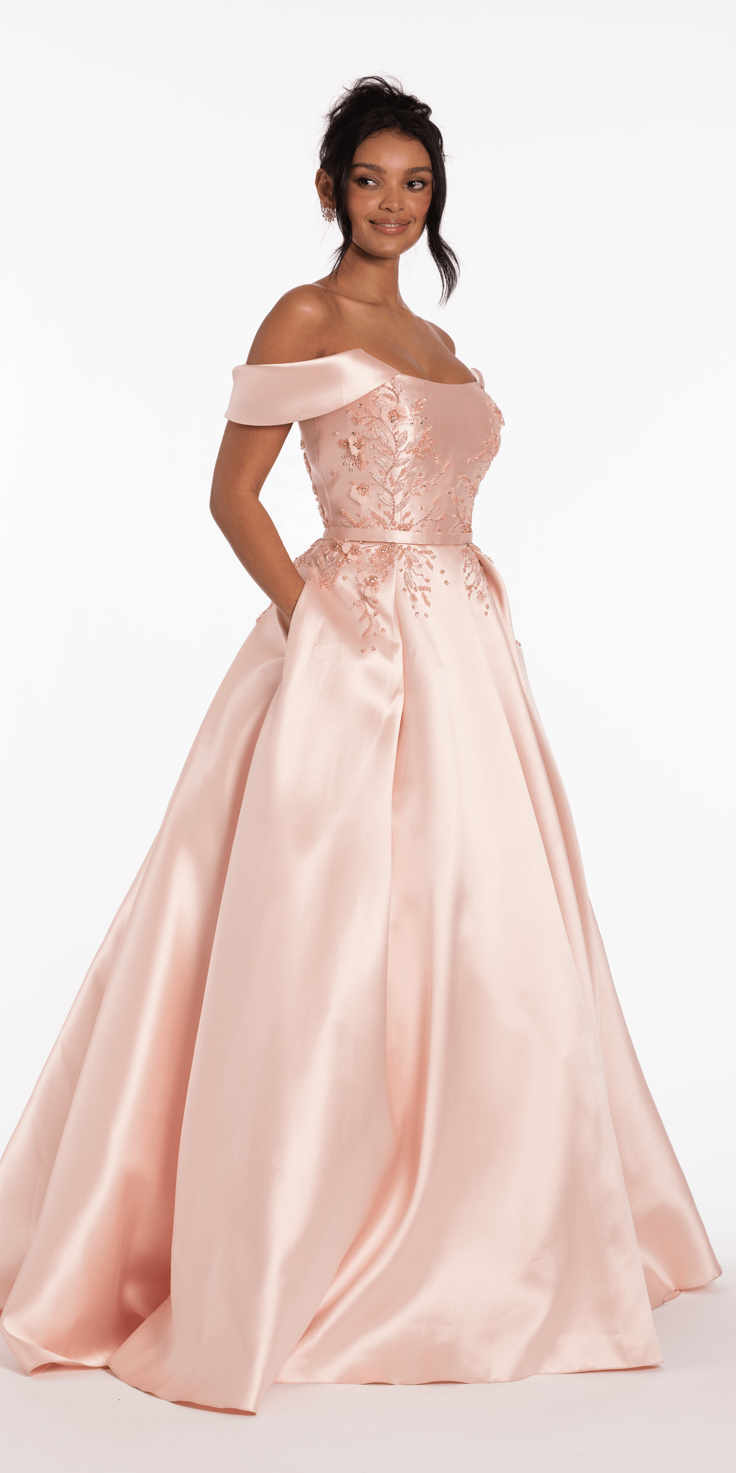 Beaded Mikado Off the Shoulder Ballgown with Pockets and Princess Pleats - Camille La Vie