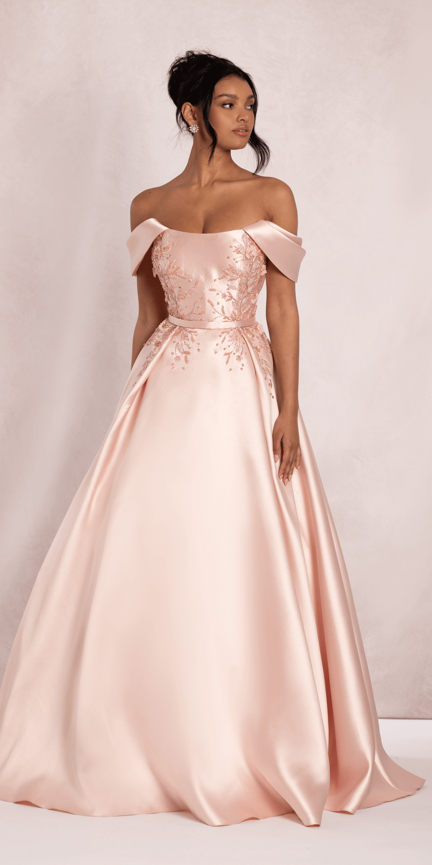 blush/size/4/missy/Camille La Vie/Beaded Mikado Off the Shoulder Ballgown with Pockets and Princess Pleats/ front alt 3