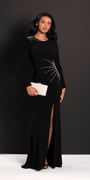 Sunburst Beaded Jersey Long Sleeve Jewel Neck Column Dress - Camille La Vie