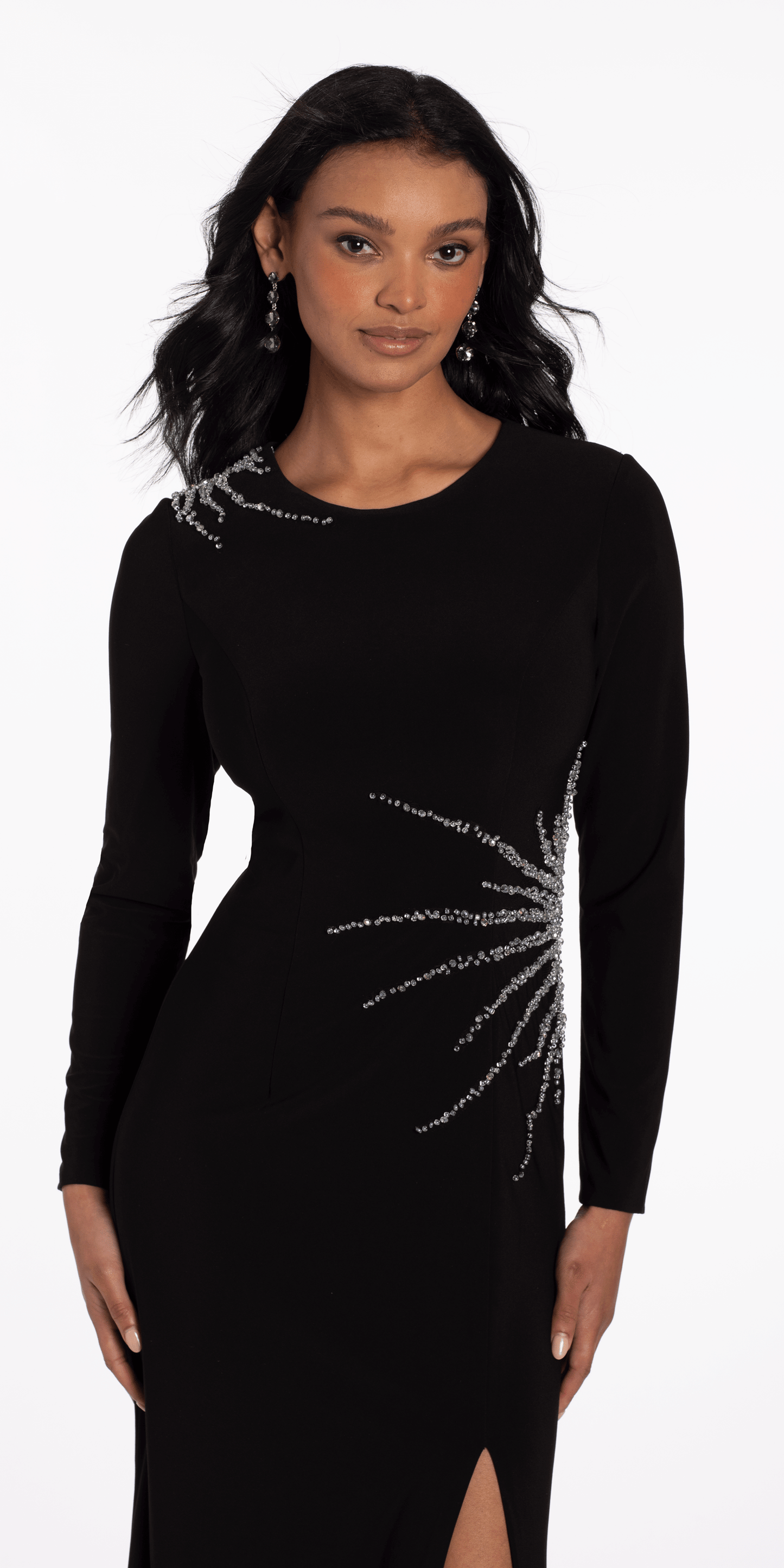 Sunburst Beaded Jersey Long Sleeve Jewel Neck Column Dress - Camille La Vie
