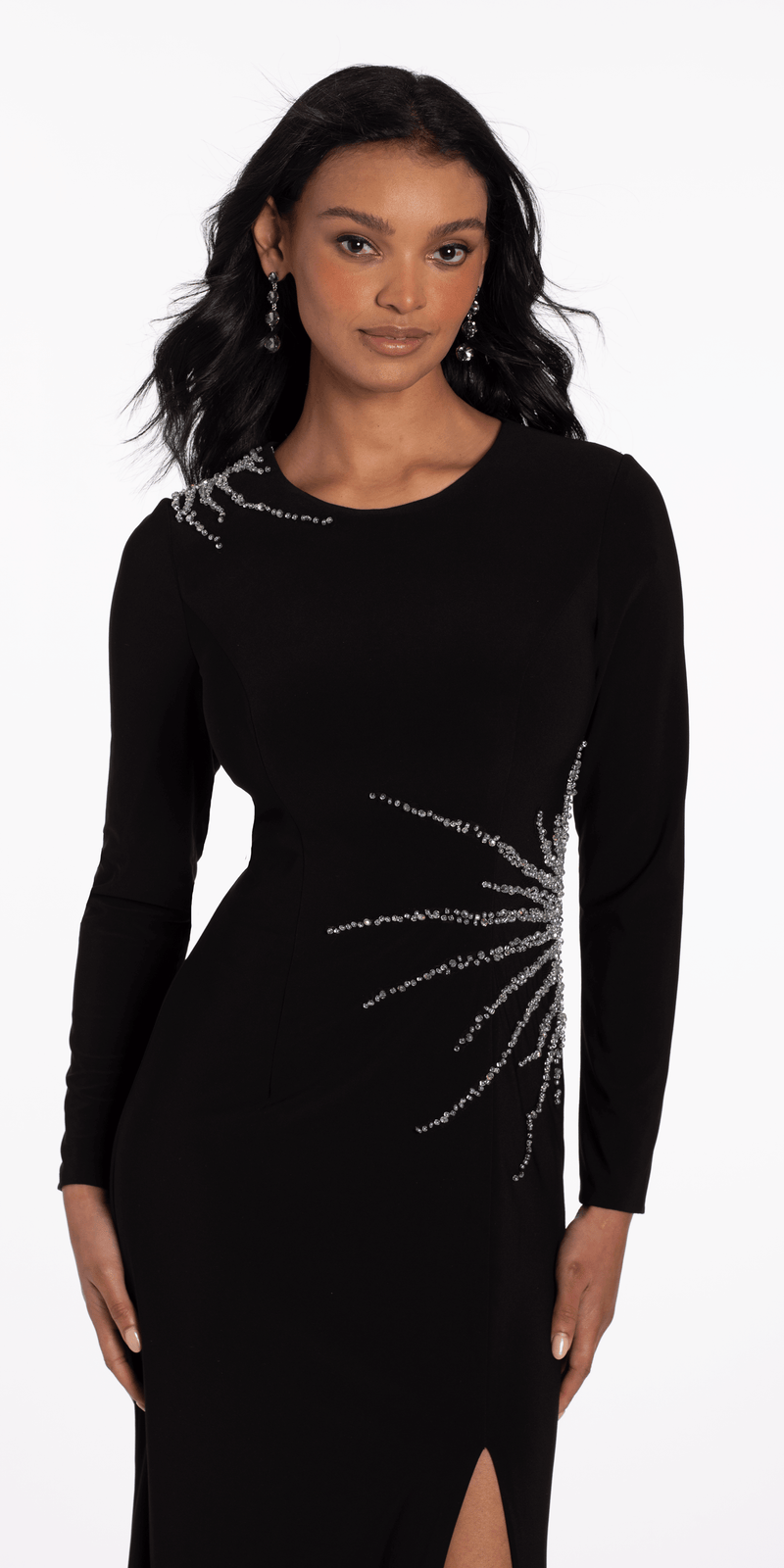 Sunburst Beaded Jersey Long Sleeve Jewel Neck Column Dress - Camille La Vie