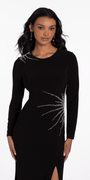 Sunburst Beaded Jersey Long Sleeve Jewel Neck Column Dress - Camille La Vie