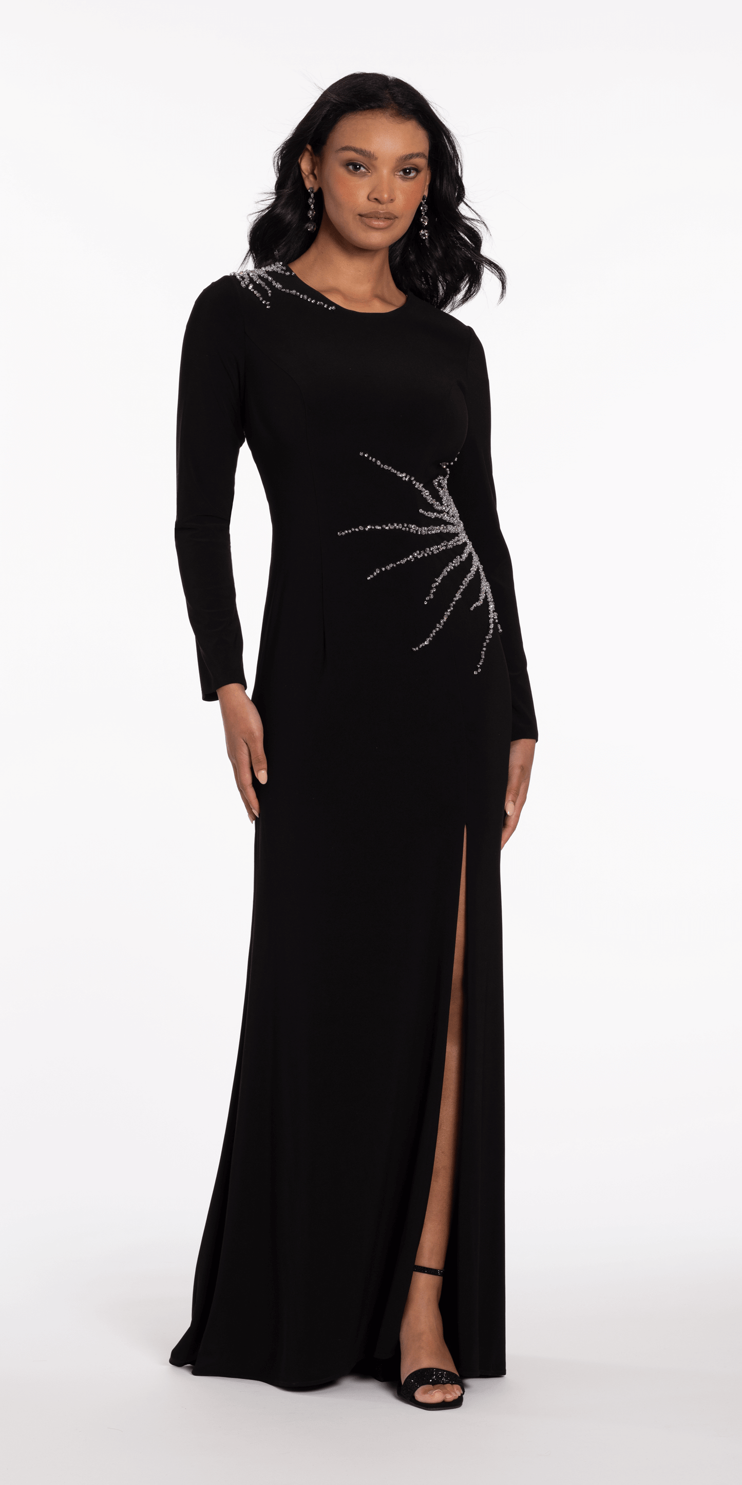 Sunburst Beaded Jersey Long Sleeve Jewel Neck Column Dress - Camille La Vie