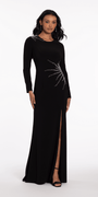 Sunburst Beaded Jersey Long Sleeve Jewel Neck Column Dress - Camille La Vie