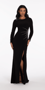 Sunburst Beaded Jersey Long Sleeve Jewel Neck Column Dress - Camille La Vie