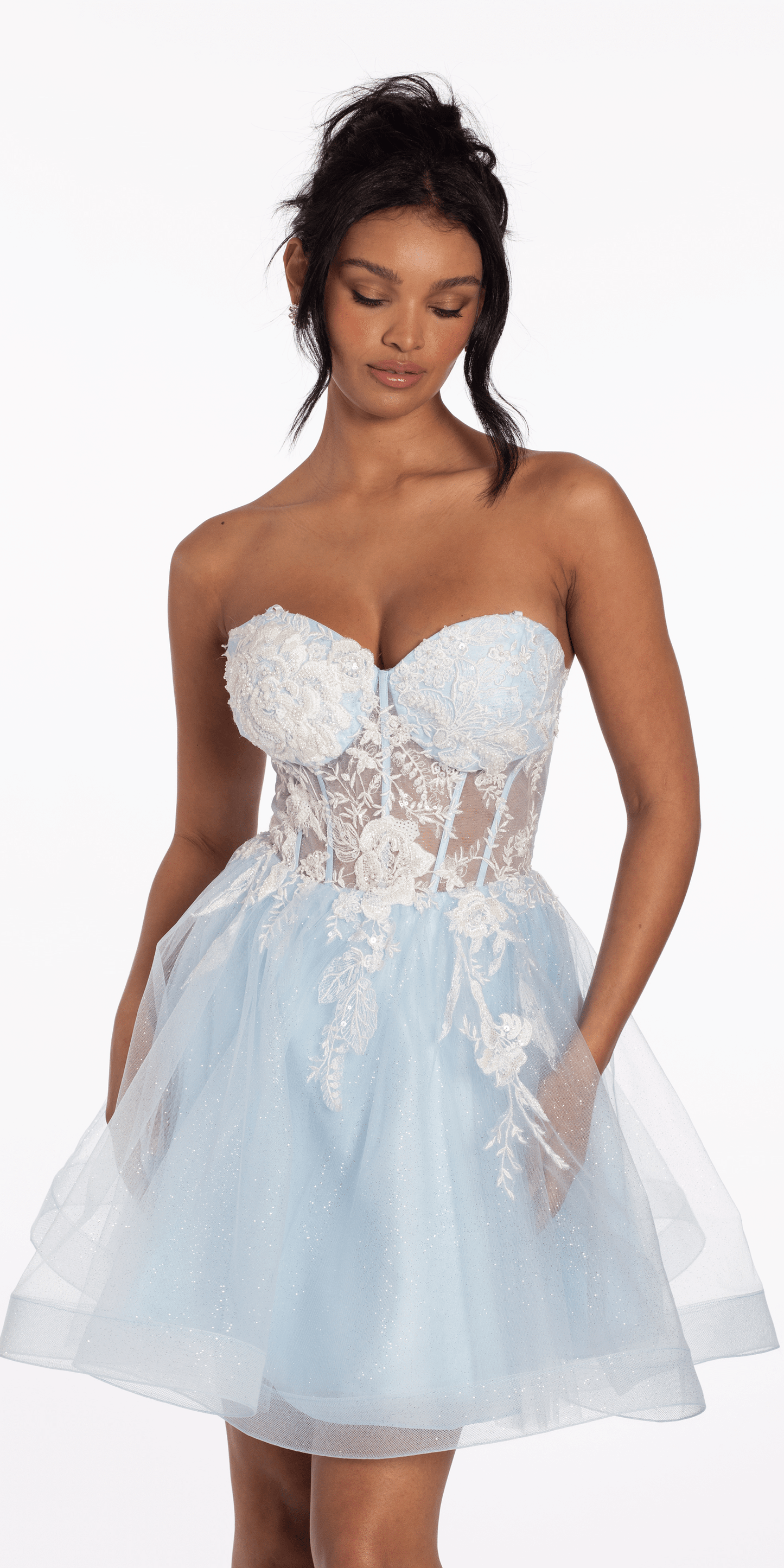 Strapless Pearl Embellished Corset Glitter Fit and Flare Dress - Camille La Vie