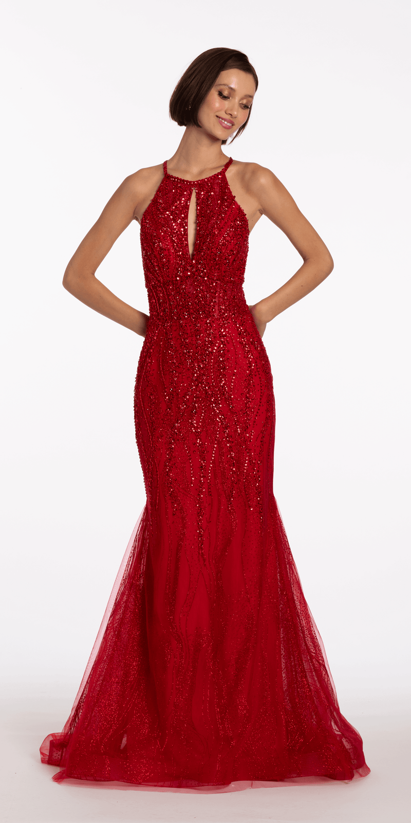 Beaded Mesh Keyhole Halter Trumpet Dress with Godets - Camille La Vie