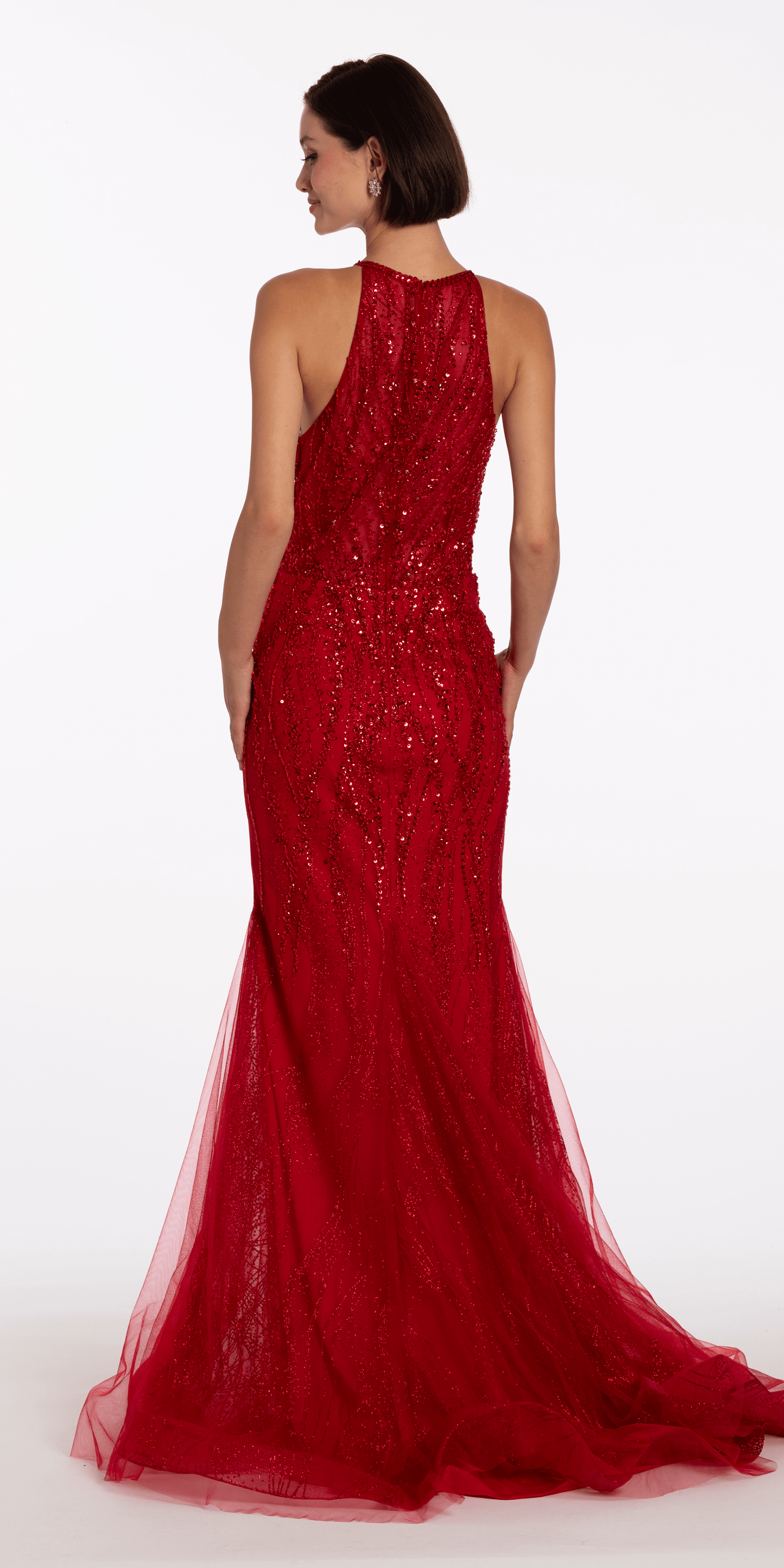 Beaded Mesh Keyhole Halter Trumpet Dress with Godets - Camille La Vie