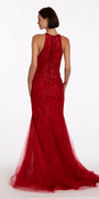 Beaded Mesh Keyhole Halter Trumpet Dress with Godets - Camille La Vie