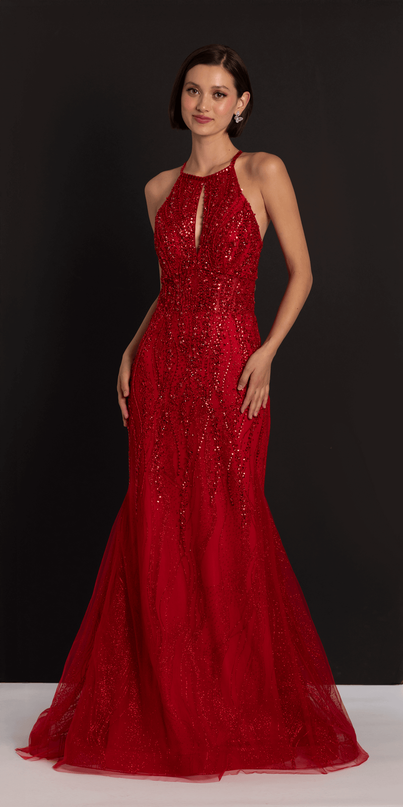 Beaded Mesh Keyhole Halter Trumpet Dress with Godets - Camille La Vie