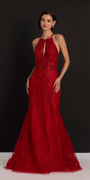Beaded Mesh Keyhole Halter Trumpet Dress with Godets - Camille La Vie