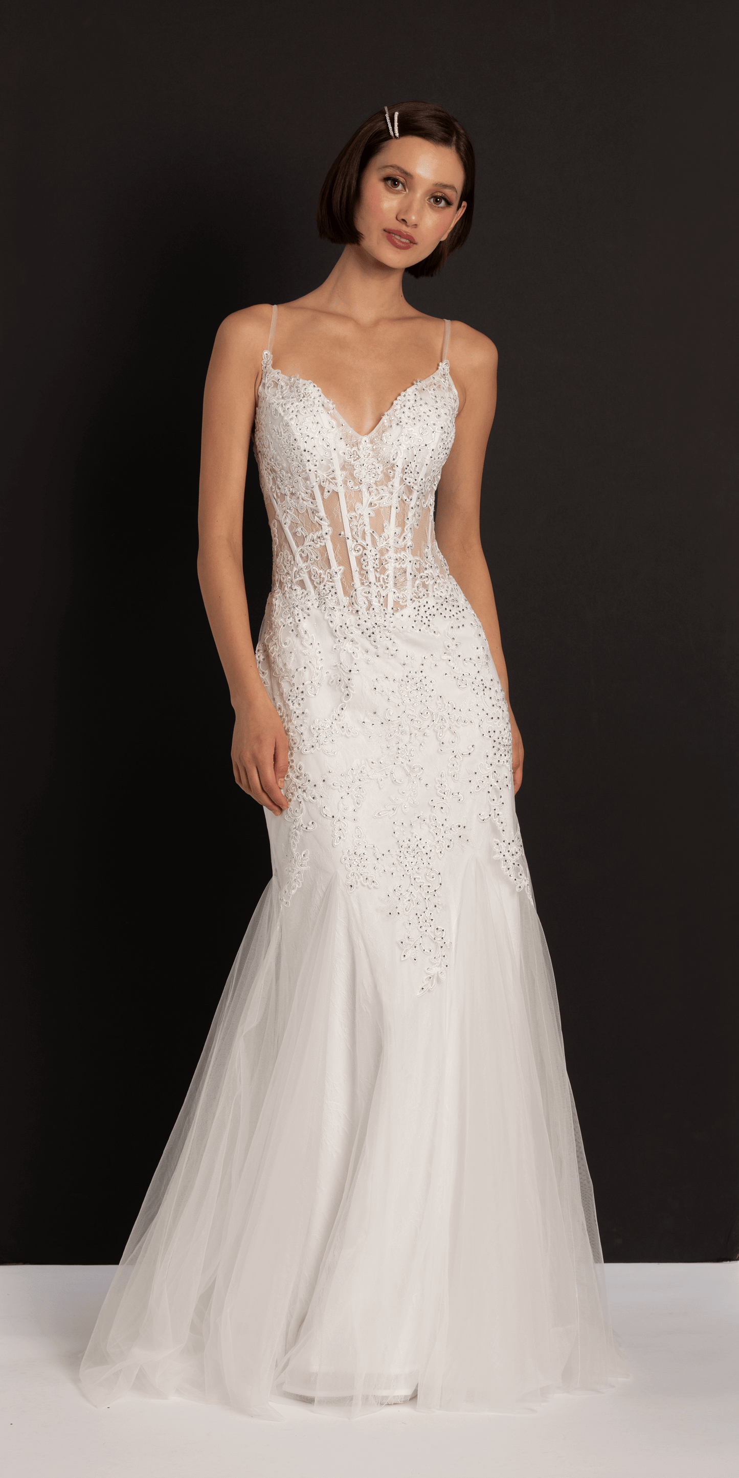 Two Tone Sweetheart Beaded Lace Mermaid Dress with Godets - Camille La Vie