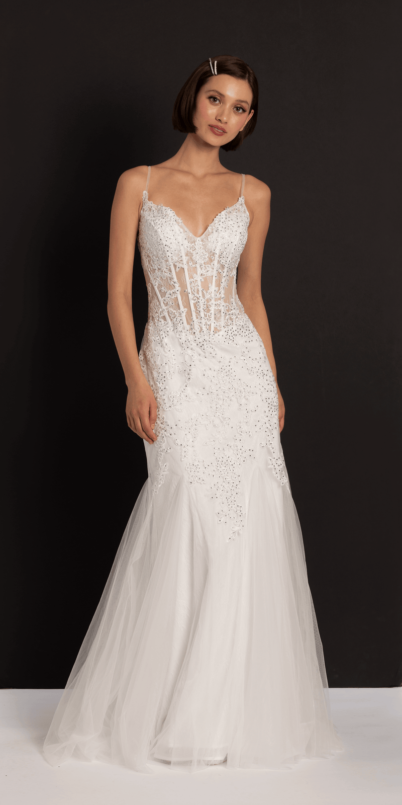 Two Tone Sweetheart Beaded Lace Mermaid Dress with Godets - Camille La Vie