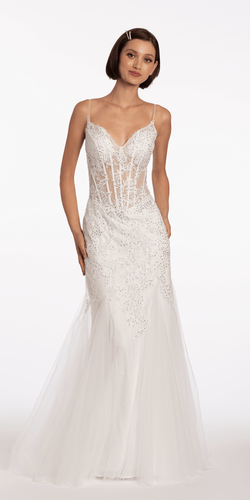 Two Tone Sweetheart Beaded Lace Mermaid Dress with Godets - Camille La Vie