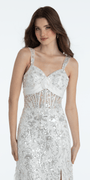 Sequin Illusion Corset Column Dress with Pleated Taffeta Tie Back - Camille La Vie