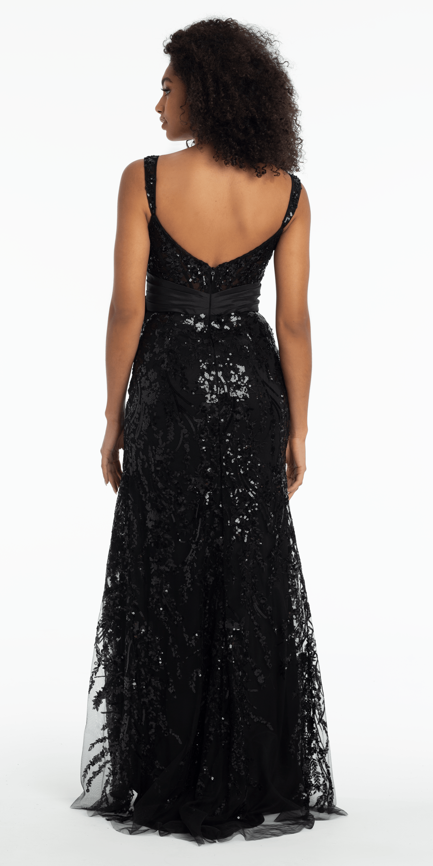 Mesh Sequin Sweetheart Column Dress with Taffeta Waist Bow - Camille La Vie