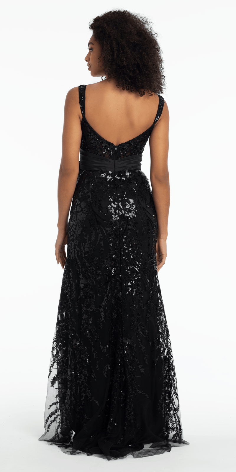 Mesh Sequin Sweetheart Column Dress with Taffeta Waist Bow - Camille La Vie