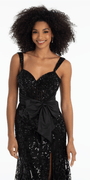 Mesh Sequin Sweetheart Column Dress with Taffeta Waist Bow - Camille La Vie