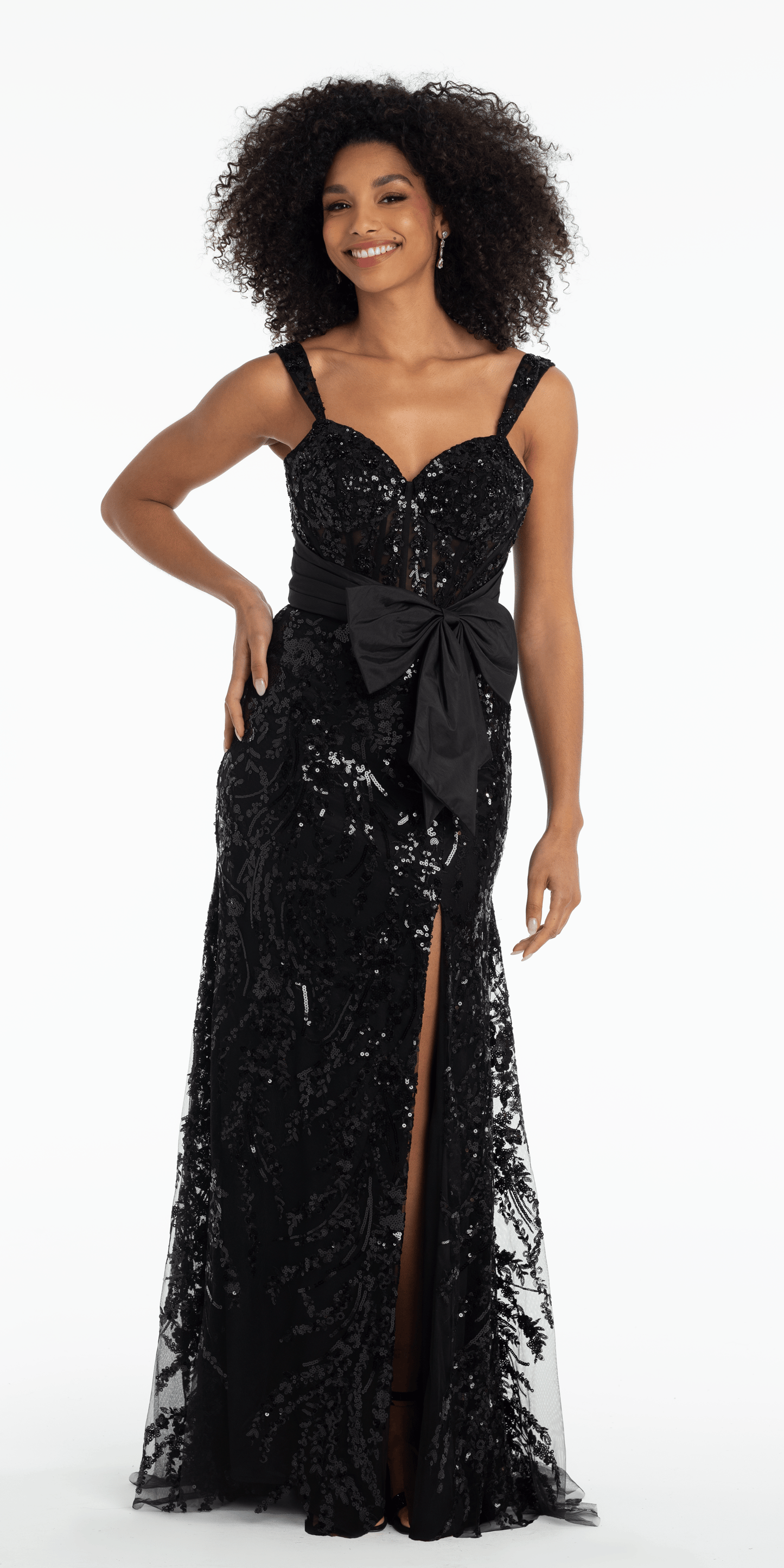 Mesh Sequin Sweetheart Column Dress with Taffeta Waist Bow - Camille La Vie