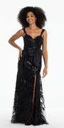 Mesh Sequin Sweetheart Column Dress with Taffeta Waist Bow - Camille La Vie
