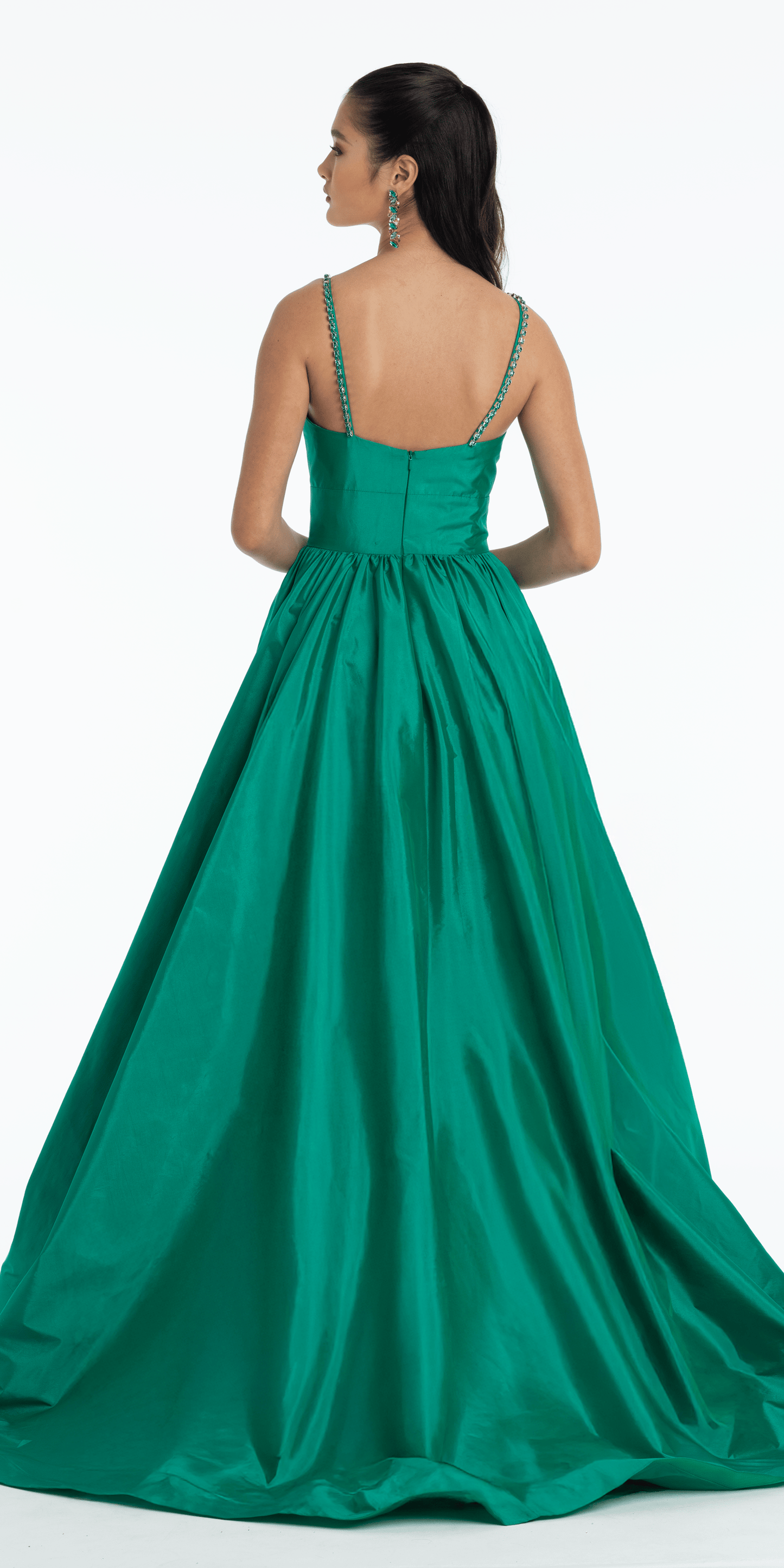 Jewel Neck Taffeta Pleated Ballgown with Pockets - Camille La Vie