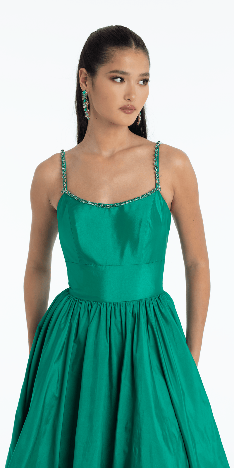 Jewel Neck Taffeta Pleated Ballgown with Pockets - Camille La Vie