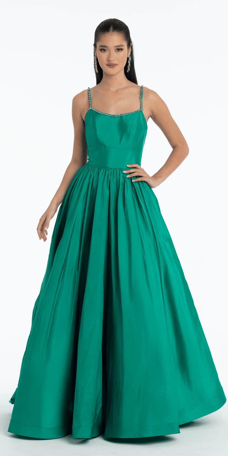 Jewel Neck Taffeta Pleated Ballgown with Pockets - Camille La Vie