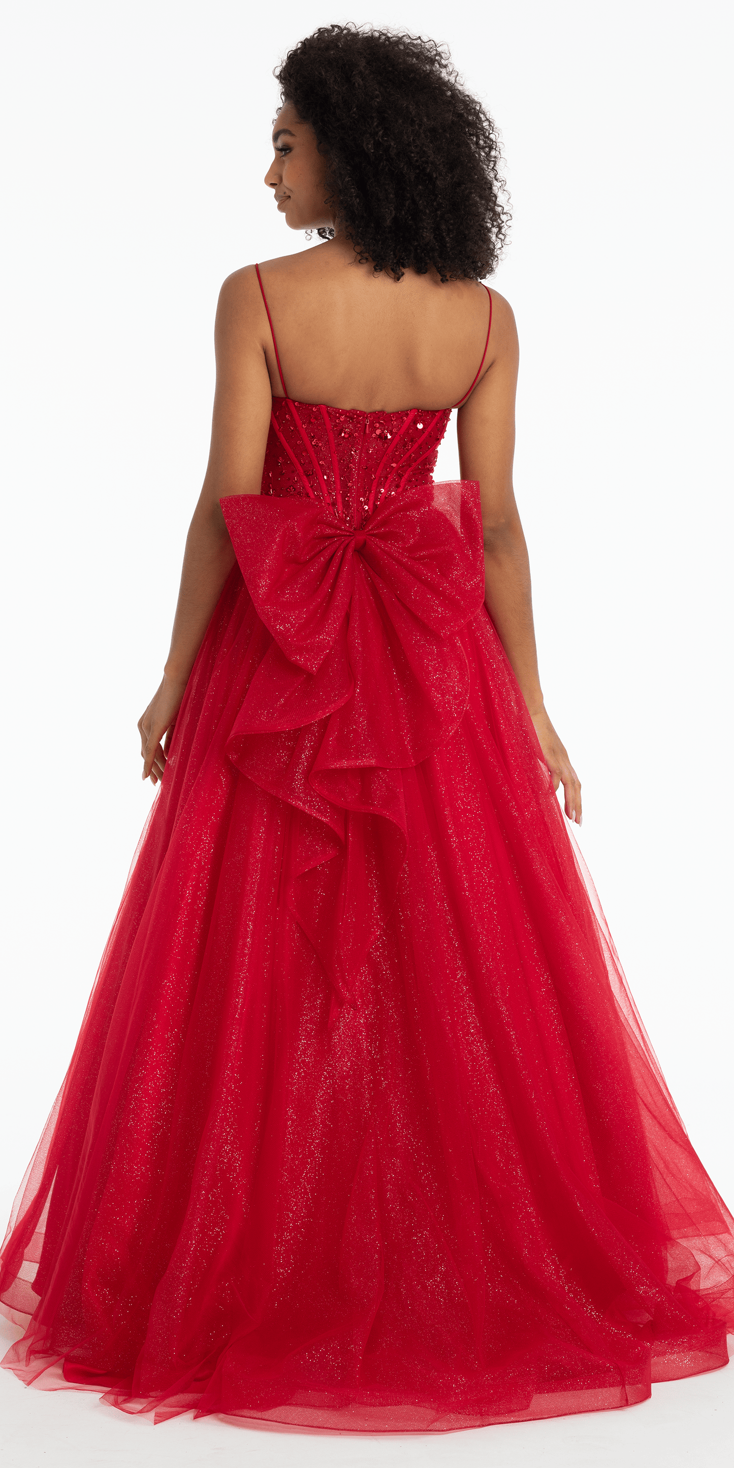 Beaded Plunge Corset Glitter Tulle Ballgown with Bow Back - Camille La Vie