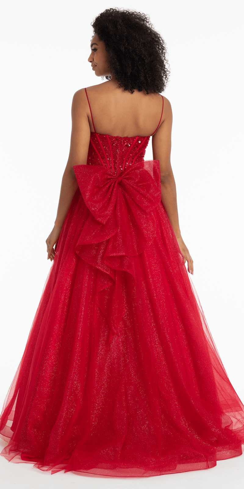 Beaded Plunge Corset Glitter Tulle Ballgown with Bow Back - Camille La Vie