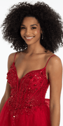 Beaded Plunge Corset Glitter Tulle Ballgown with Bow Back - Camille La Vie